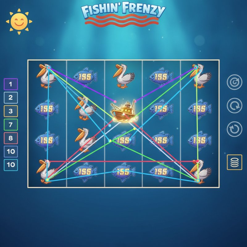 Fishin Frenzy gameplay showing coloured paylines active across the 5-reel 3-row grid