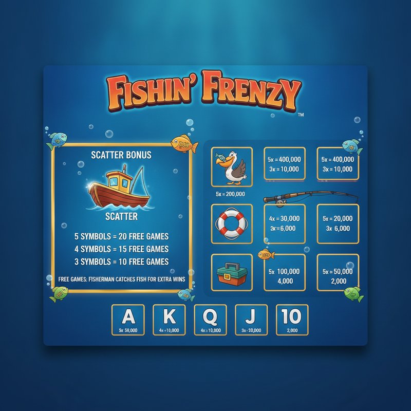 Fishin Frenzy paytable showing pelican, fishing rod, life preserver, tackle box and card symbol payouts